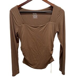 OGL Brown Square Neck Ruched Long Sleeve Top Viscose Stretch Size Large NEW